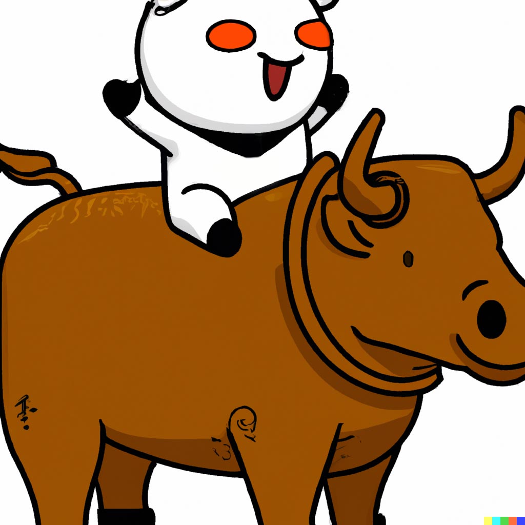 DALL·E prompt: White reddit snoo mascot riding on the bronze wall street bull statue